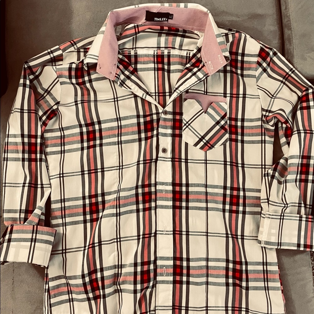 TheLEEs CHS6 Mens Casual Long Sleeve Stripe Patch Checker Shirt Red (US Medium)